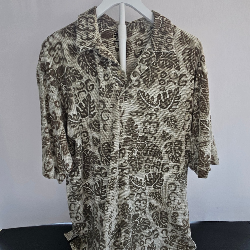 Bugle‎ Boy Mens Large Vintage Hawaiian Native Print Polo Shirt Brown Cream Y2K